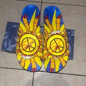 Adidas Sean Wotherspoon Hot Wheels Slides Blue and Yellow Graphic Sandals